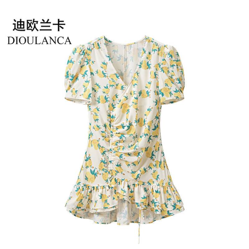 Dioulanca European and American Style Export Women's Clothing New Style Fresh and Elegant V-Neck Puff Sleeves Floral Ruffle Skirt Dioulanca European and American Style Export Women's Clothing New Style Fresh and Elegant V-Neck Puff Sleeves Floral Ruffle Skirt