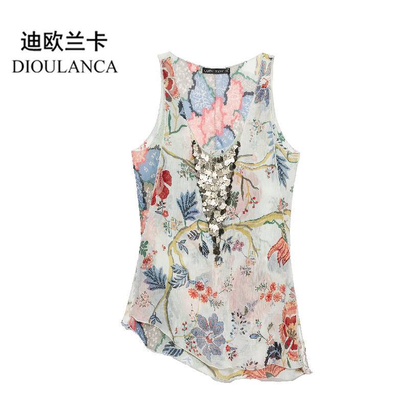 Dioulanca European and American Style Foreign Trade Women's Clothing New Sleeveless Round Neck Beaded Printed Shirt Trendy 6895241 Dioulanca European and American Style Foreign Trade Women's Clothing New Sleeveless Round Neck Beaded Printed Shirt Trendy 6895241