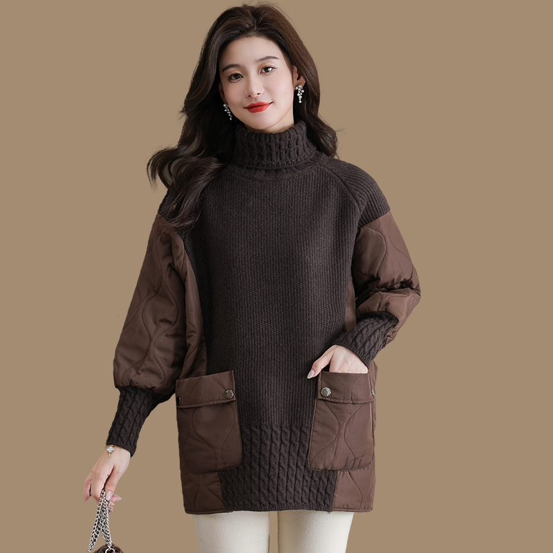 High-Neck Thick Sweater for Women, Autumn and Winter Mid-Length down Jacket, Patchwork Base Wool Sweater, Loose Plus-Size Belly-Covering Top