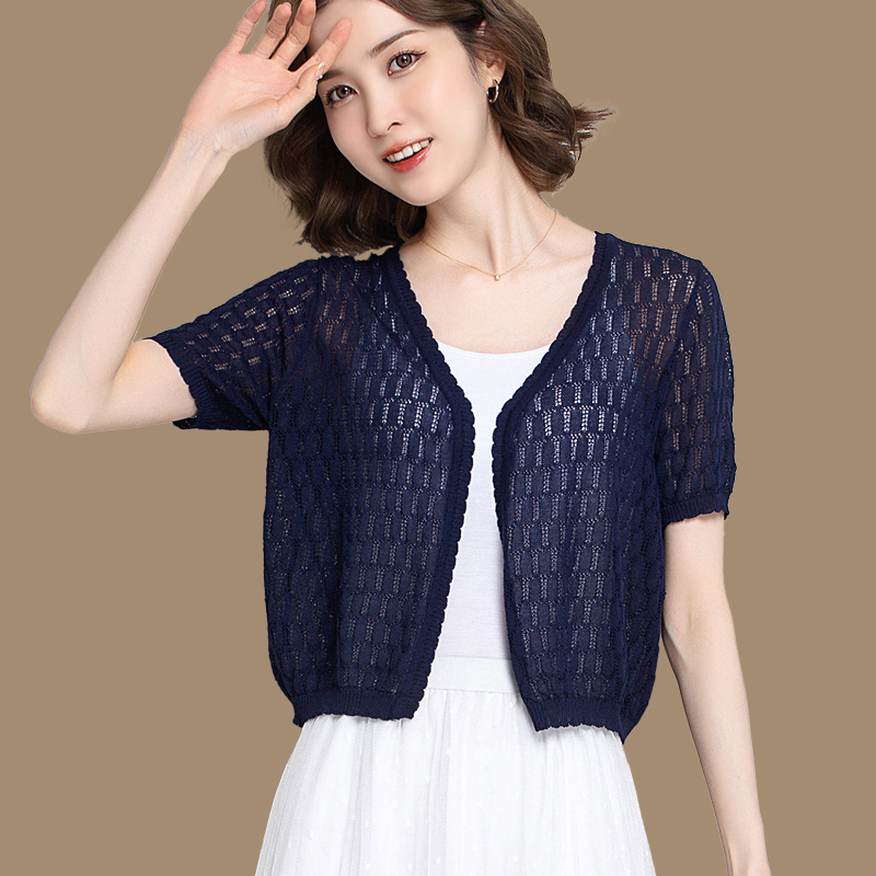 Silk Short-Sleeve Knit Cardigan for Women, Summer Short Top, Hollow-Out Cover-Up, Air-Conditioning Shawl, Ice Silk Outerwear