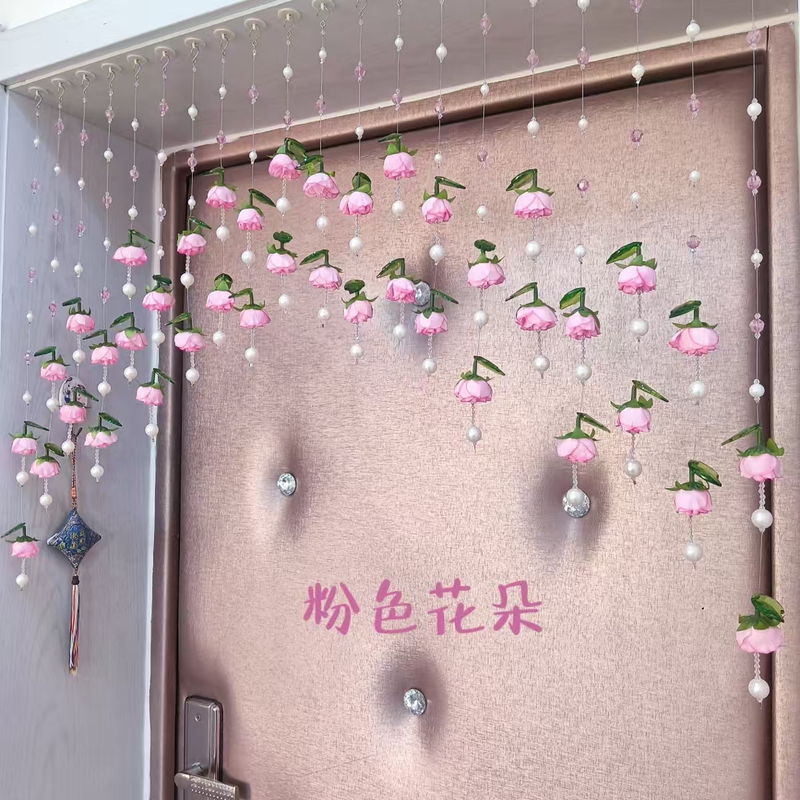 Pink Silk Flower Living Room Bead Curtain, Purple Bedroom Kitchen Doorway Curved Champagne-Colored Pearl Door Curtain, Adhesive No-Drill Installation