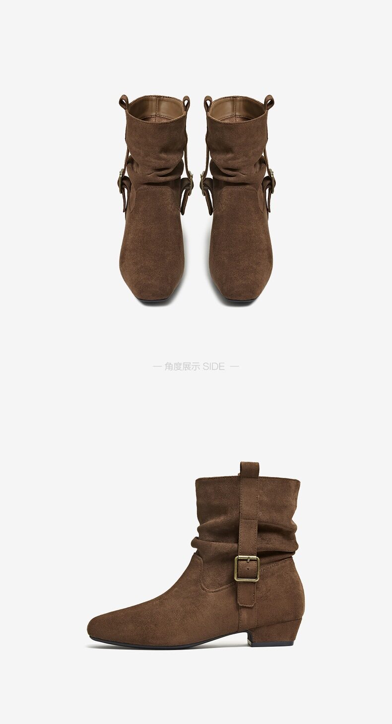 Западные Boots 百思图2025冬季新款时尚复古西部靴方头粗跟女堆堆短靴w0882dz5 BASTO