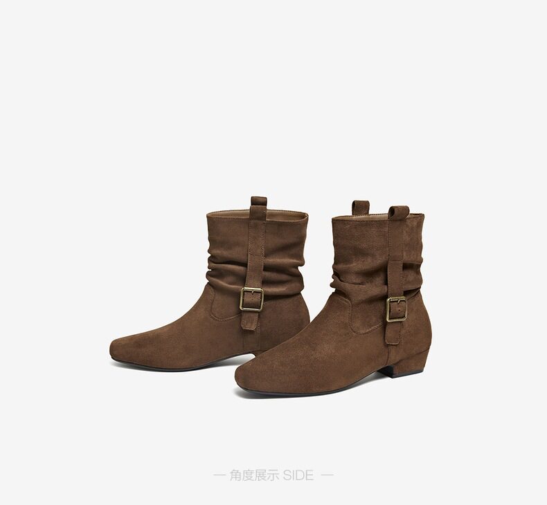 Западные Boots 百思图2025冬季新款时尚复古西部靴方头粗跟女堆堆短靴w0882dz5 BASTO