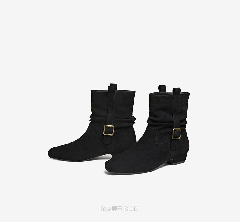 Западные Boots 百思图2025冬季新款时尚复古西部靴方头粗跟女堆堆短靴w0882dz5 BASTO
