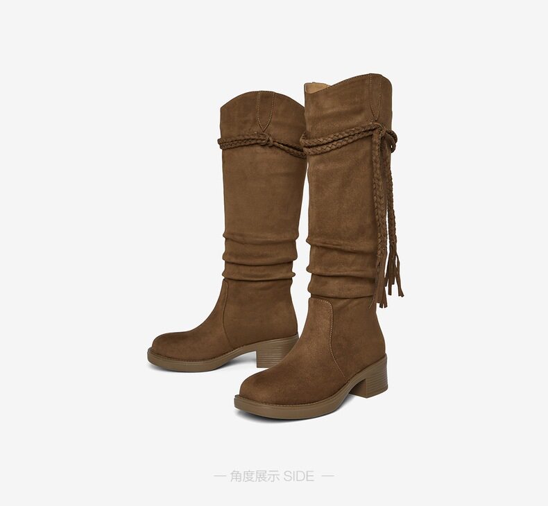 Западные Boots 百思图2025冬季新款时尚复古西部靴堆堆长靴粗跟女高筒靴b9200dg5 BASTO