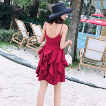Seaside Skirt Woman Summer Harness Open Back Holiday Dress Beach Skirt Short Skirt 2019 New Wine Red Super Fairy Dress Dress