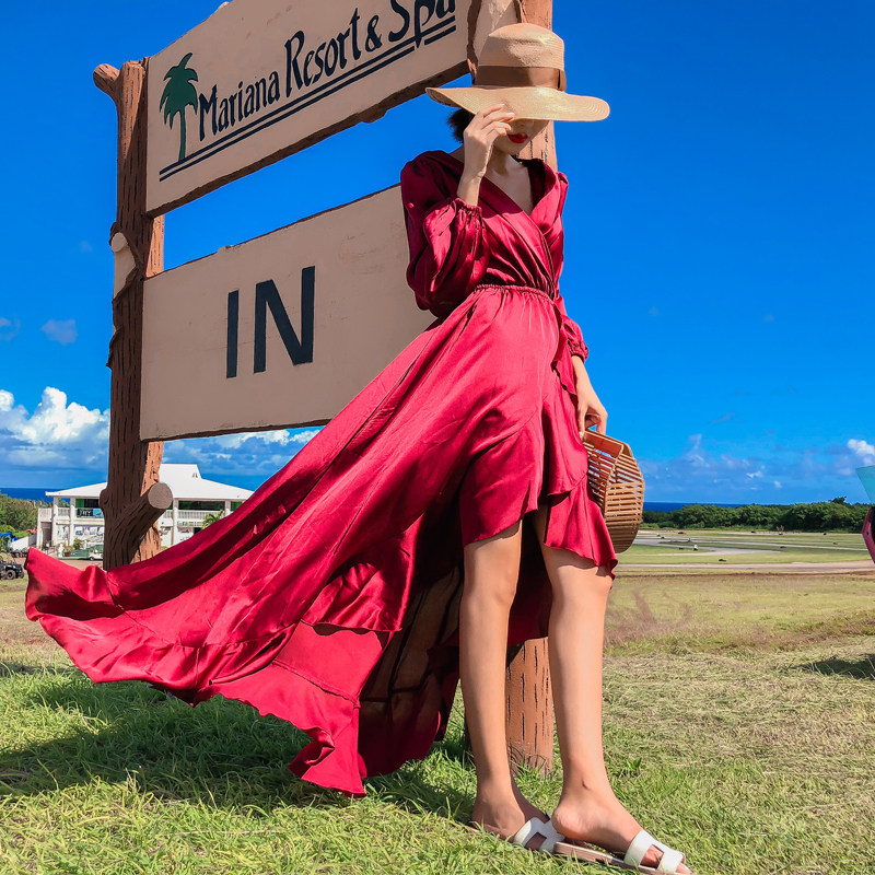 Red beach dress Sanya Bali Phuket Skirt Superfairy Thai Seaside Holiday Dew Back Long Skirt Dress