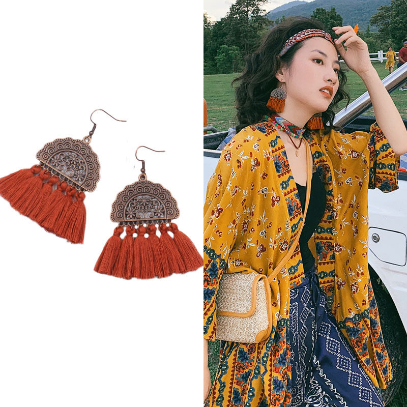 Red Bohemian Streaming Suearrings Round Face Suitable Retro National Wind Earrings Accessories For Women Holiday Travel Accessories