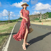 Very fairy dress new skirt v-collar floral irregular waist chiffon ruffle skirt long skirt Platycodon grandiflorum skirt