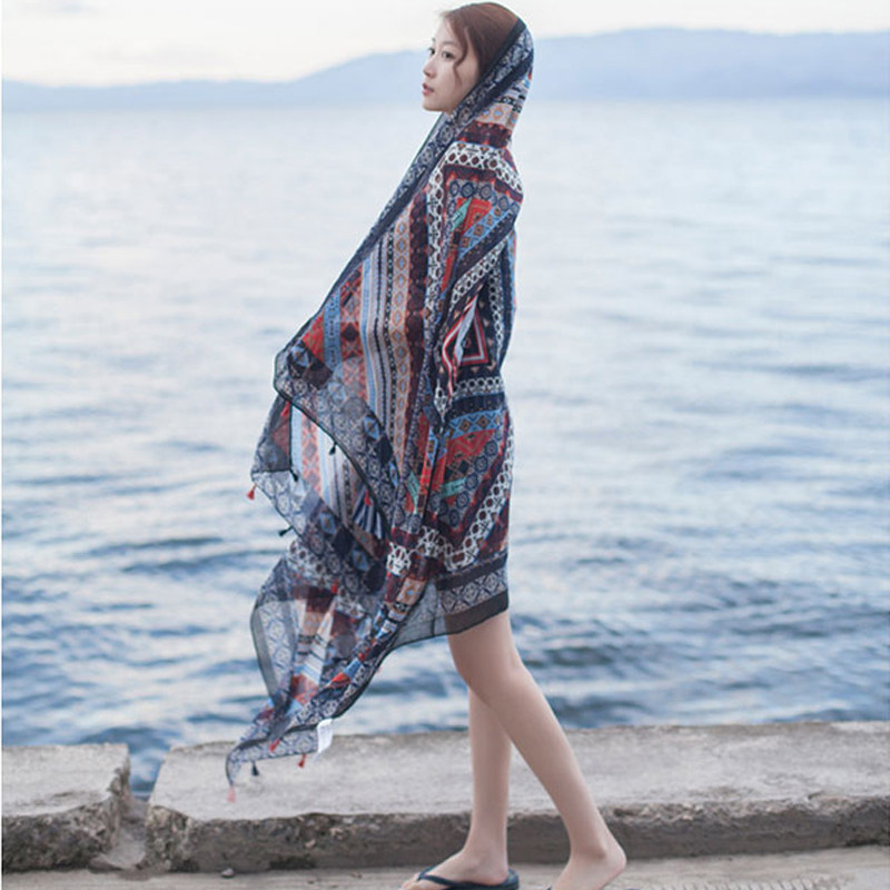 Beach shawl sunscreen super large scarf female summer scarf silk scarf national style Qinghai Lake tourism beach towel