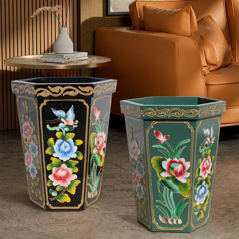 Chinese Classical Floral Painted Trash Can, Hexagonal, for Living Room and Bedroom, Palace-Style Decorative Trash Bin, Storage Bin
