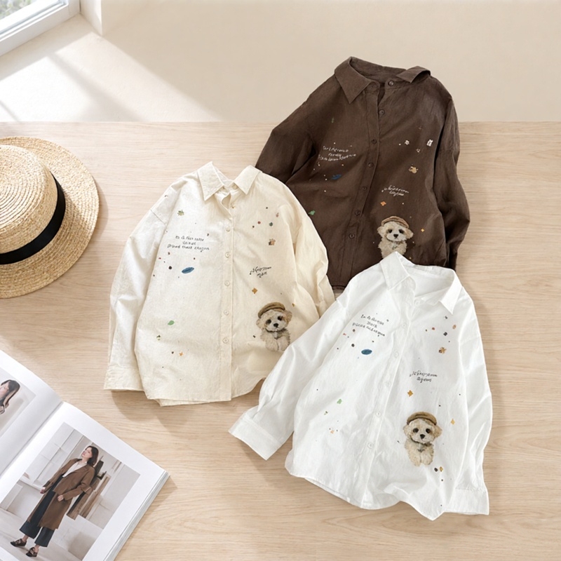 European and Korean High-End Women's Clothing, Mid-Length Loose-Fitting Korean-Style Cartoon Embroidered Lapel Single-Breasted Long-Sleeved Shirt Zw36011 European and Korean High-End Women's Clothing, Mid-Length Loose-Fitting Korean-Style Cartoon Embroidered Lapel Single-Breasted Long-Sleeved Shirt Zw36011