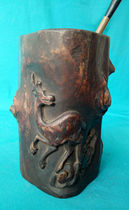 Qing Dynasty root carving pen holder Wood carving pen holder carved Sika deer