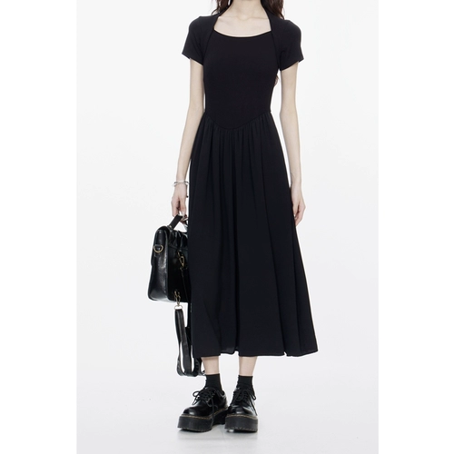 Летнее черное приталенное платье с коротким рукавом, длинная длинная юбка, в корейском стиле, квадратный вырез, подходит для подростков, высокая талия, А-силуэт