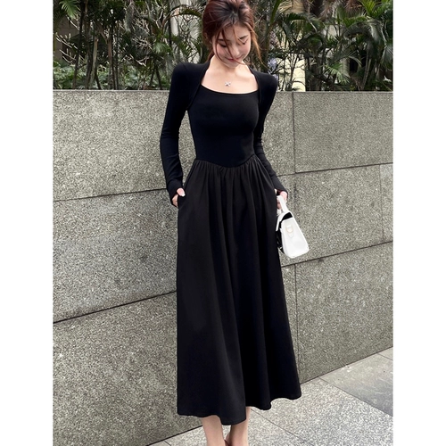 Черный летний лонгслив, платье, приталенный корсет, длинная юбка, квадратный вырез, французский стиль, средней длины