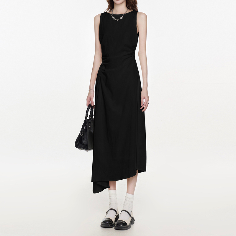 Black French-Style Sleeveless Dress for Women, 2026 Summer, Petite Design, Irregular Hem, Tank Top Long Dress