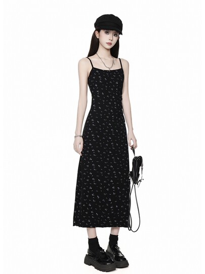 Black floral suspender dress for women 2025 summer new tea skirt sexy slim hip-covered midi skirt