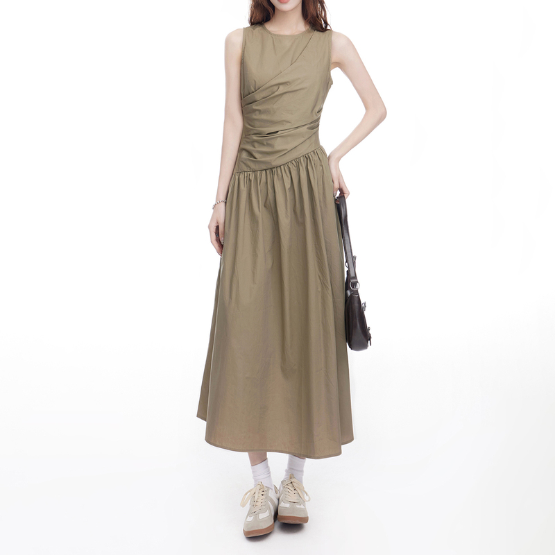 Khaki Round-Neck Sleeveless Vest-Style Dress for Women, Waist-Cinching, Slimming, Versatile, Vacation Casual, Elegant Long Dress Khaki Round-Neck Sleeveless Vest-Style Dress for Women, Waist-Cinching, Slimming, Versatile, Vacation Casual, Elegant Long Dress