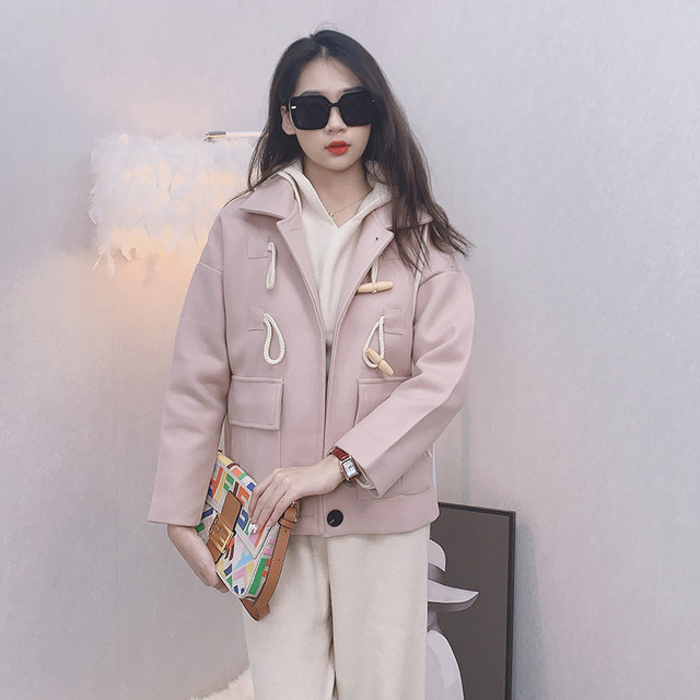 Rhyming Woolen Coat Women Short Autumn and Winter Clothing New Korean Style Loose Pink Horn Button Thickened Woolen Coat trendy