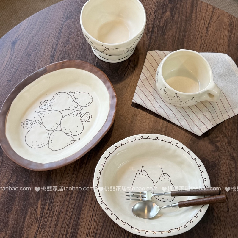 Retro Hand-Painted Rustic Ceramic Tableware Set for Home Use: Rice Bowls, Soup Bowls, Noodle Bowls, Plates, and Dish Sets Retro Hand-Painted Rustic Ceramic Tableware Set for Home Use: Rice Bowls, Soup Bowls, Noodle Bowls, Plates, and Dish Sets