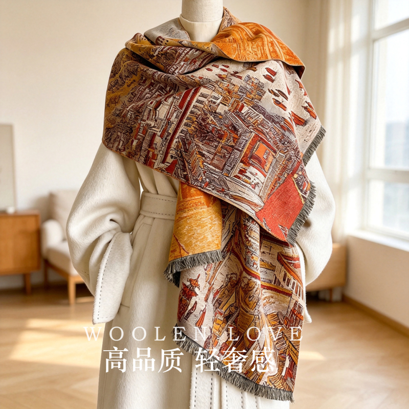 French-Style Light Luxury High-End Cashmere Scarf with Artistic Oil Painting Jacquard Shawl, Vintage Ethnic Style, Versatile for Autumn and Winter French-Style Light Luxury High-End Cashmere Scarf with Artistic Oil Painting Jacquard Shawl, Vintage Ethnic Style, Versatile for Autumn and Winter