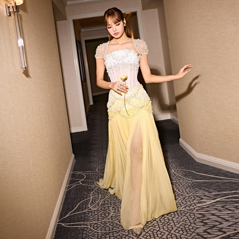 Sharon Said Yellow Strapless Heavy Beaded Two-Piece Dress for Banquet Hosting and Solo Performance Ss286 Sharon Said Yellow Strapless Heavy Beaded Two-Piece Dress for Banquet Hosting and Solo Performance Ss286