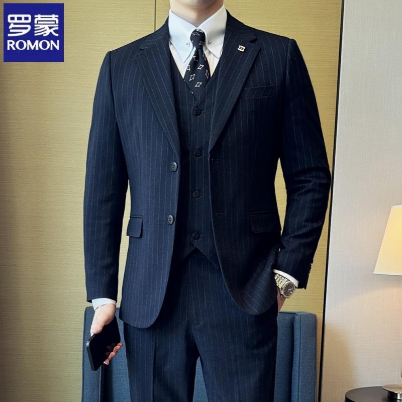 Romon Suit Men's Suit High-End Business Professional Formal Wear Groom Wedding Dress Slim Fit Men's Striped Suit