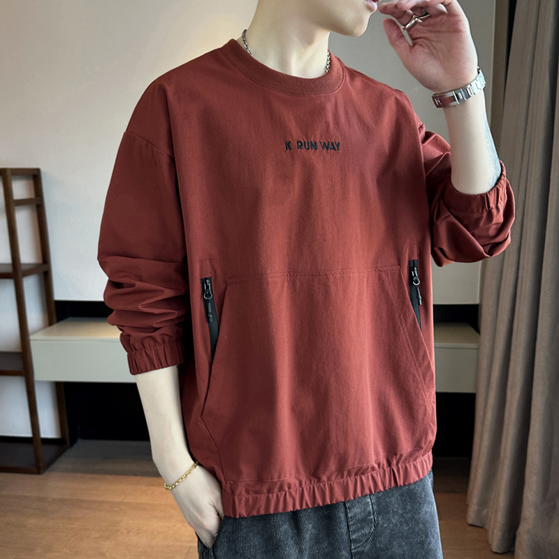 Men's Spring New Loose-Fitting Zip Pocket Sweatshirt, Outdoor Crew Neck Top, Trendy Brand Thin Long-Sleeve T-Shirt