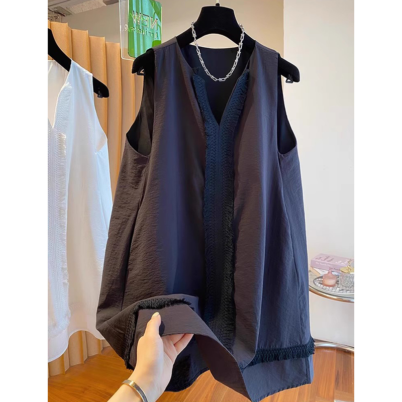 Plus Size 150kg Sleeveless Vest-Style Dress for Women, Summer Slimming Tassel Lace Short Skirt
