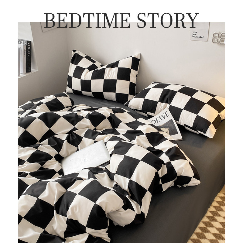 (Retro Style) Chessboard G Washed Cotton Bed Four Pieces Of Naked Sleeping Quilt Cover Bed Linen Bed Linen Dormitory Three Sets