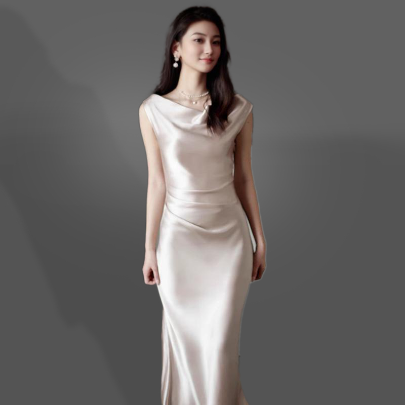 French Satin Champagne Gold Off-Shoulder Evening Dress 2026 New Engagement Performance Host Mini Dress French Satin Champagne Gold Off-Shoulder Evening Dress 2026 New Engagement Performance Host Mini Dress