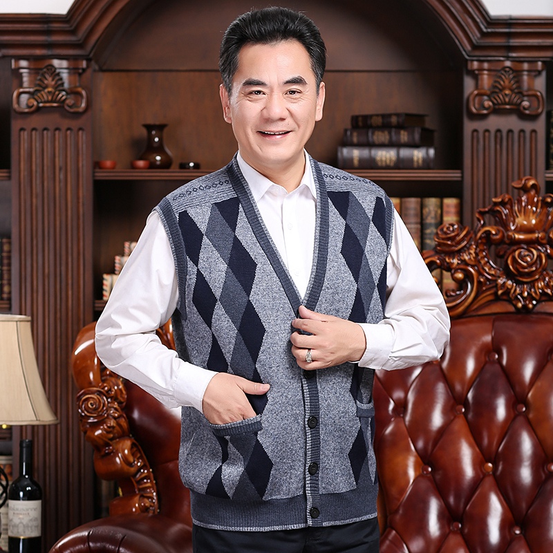 Cũ tóc vest dày của nam giới cardigan trung niên v-cổ len vest cộng với phân bón để tăng vest đan len vest