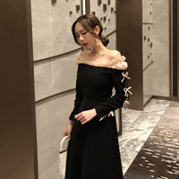 Hàn quốc phiên bản của mùa thu phụ nữ 2018 mới lưới ren từ cổ áo ra khỏi vai sương mù khuôn mặt cảm giác nhỏ màu đen váy dài ăn mặc váy đầm trung niên cao cấp