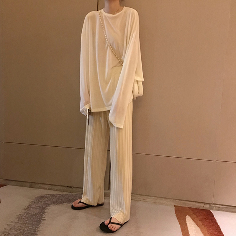 Loose sheet Microoverdraft long sleeve T-shirt Undershirt Sunscreen High Waist Display Slim Pure Color Korean Version Wide Pants Suit Woman