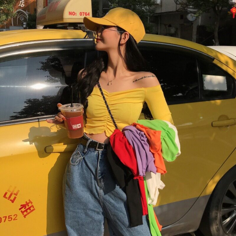 New Agaric Side Exposed Shoulder lined with short length and slim long sleeve blouse T-shirt Bottom Jersey Woman Spring Summer Tides