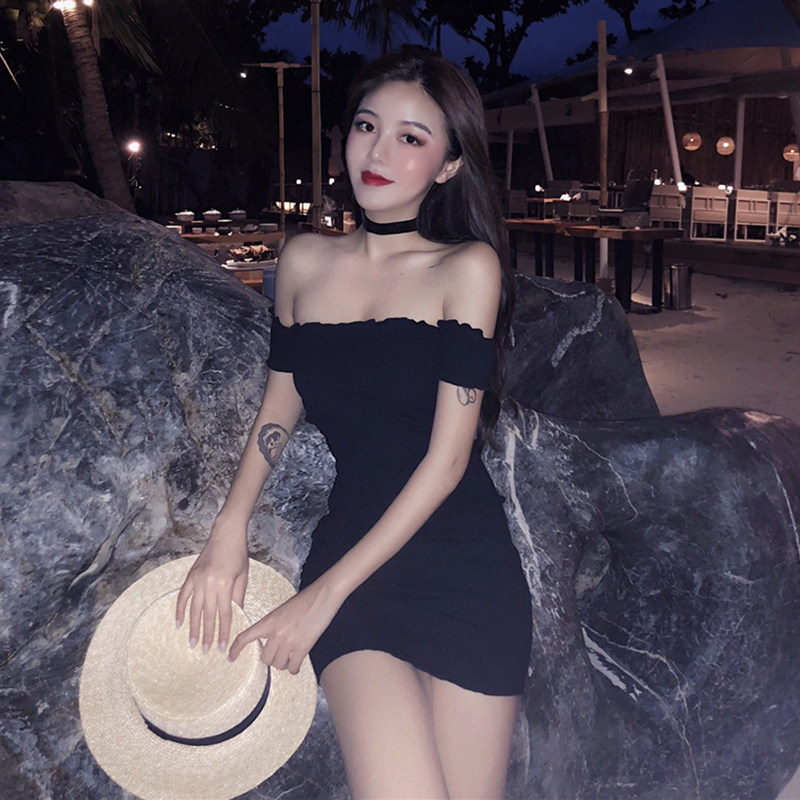 2021 autumn new sexy slim waist bag hip skirt thin one-line collar strapless dress short skirt women's clothing