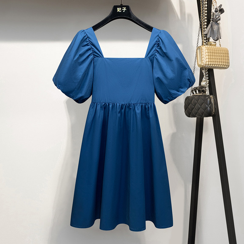 Blue Sweet Dress Women's Summer 2022 New Explosive Style French Square Neck Loose Short Slim Puff Sleeve Skirt