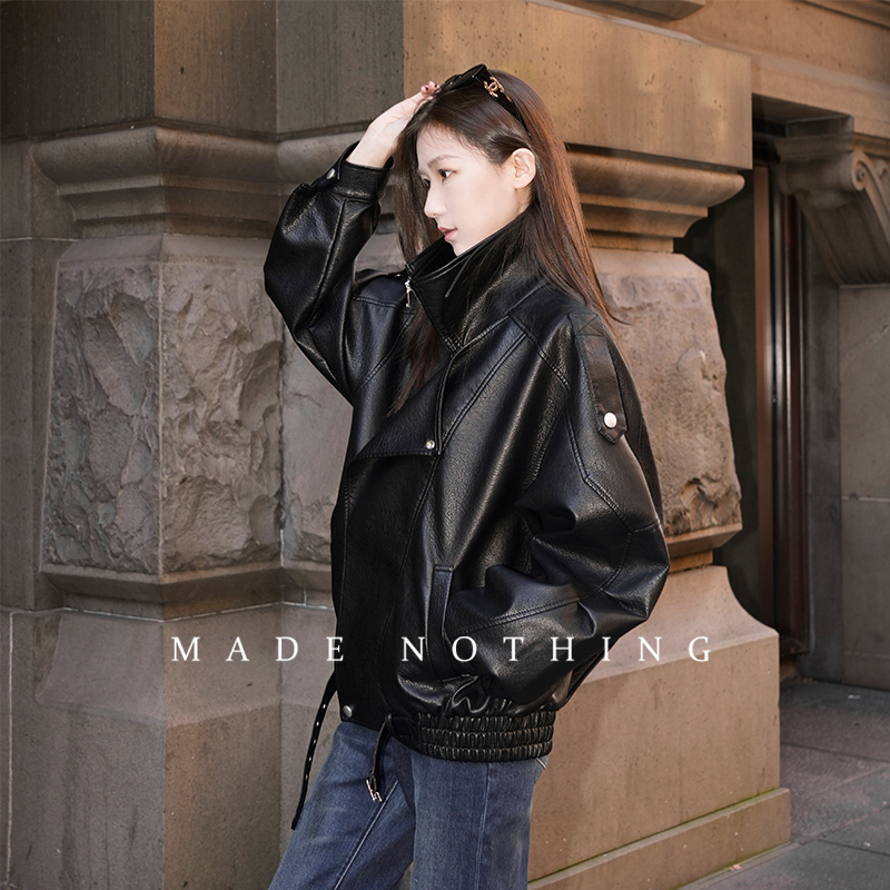 Made Nothing Leather Jacket 012 Heavy Craft Autumn Double Collar Black Leather Jacket Loose American Style Motorcycle Jacket for Women Made Nothing Leather Jacket 012 Heavy Craft Autumn Double Collar Black Leather Jacket Loose American Style Motorcycle Jacket for Women