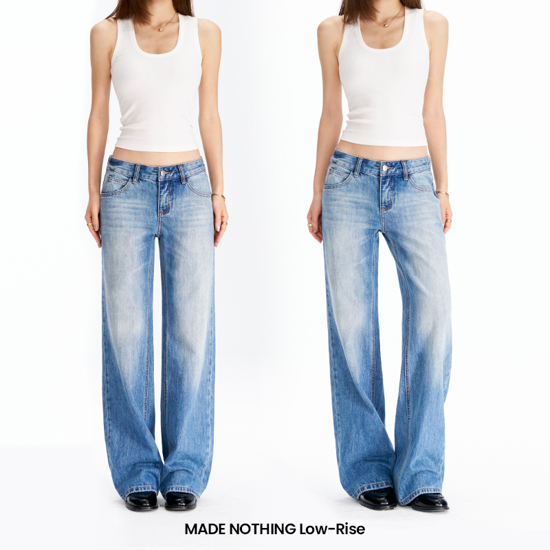 Made Nothing Lr703 Low-Waisted Vintage Blue Washed Heavy-Duty Straight-Leg Jeans for Women