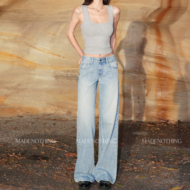 Made Nothing Ice Blue 3.0 M26 Mid-Low Waist Washed Straight Slim Fit Jeans for Women