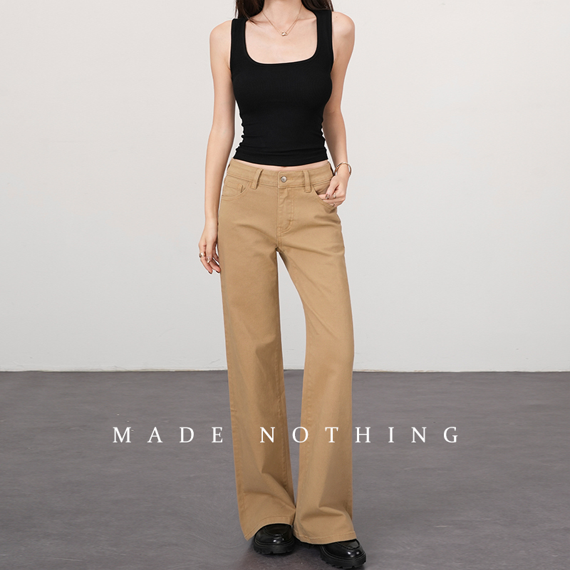 Made Nothing Mr050 Mid-Low Waist Khaki Straight Stretch Slim Straight-Leg Jeans for Women