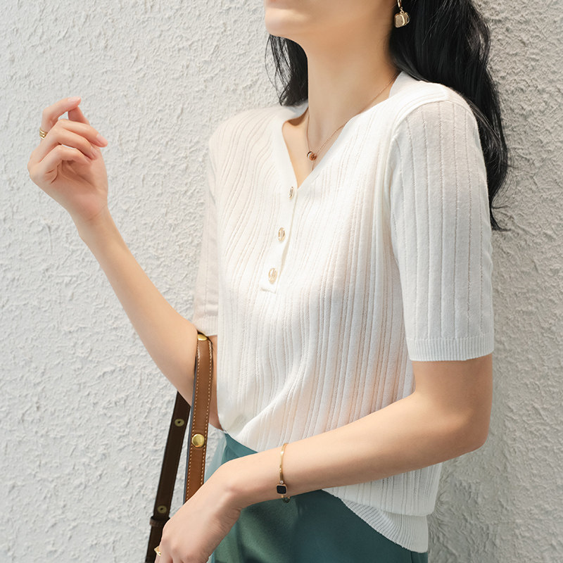 Spring and summer thin section V neckline head short sleeve beating undershirt woman pure cotton half sleeve blouse T-shirt short with pure color half sleeve-Taobao