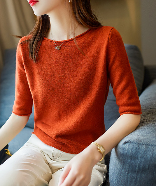 2020 Spring and Autumn New Curling Neck Sweater Women's Half-sleeved Slim All-Match Round Neck Cashmere Sweater Short-sleeved Knitted Bottom Shirt