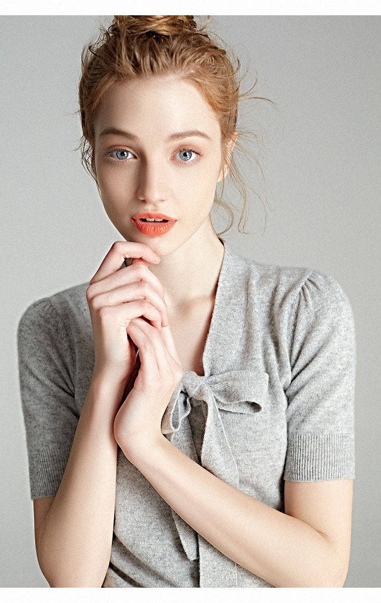 2019 Spring autumn new butterfly knot V collar cashmere sweatshirt woman pure cashmere short sleeve head dressing gown sweater sweater-Taobao