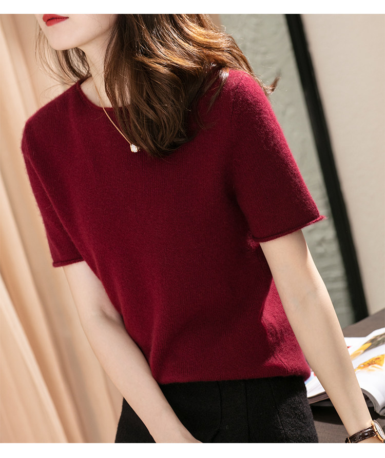 2020 Spring autumn new curbside collar sweater woman half sleeve body 100 lap collar cashmere shirt short sleeve knit undershirt-Taobao