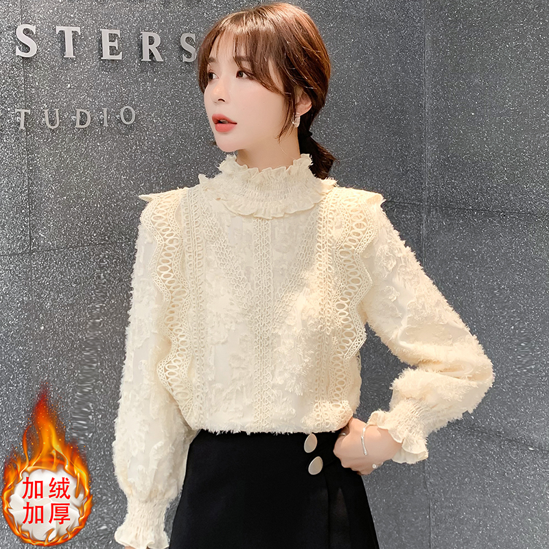 Added thick snow spinning shirts spring and autumn coat 2021 new fashion lace lace lace lace tie tie in the blouse