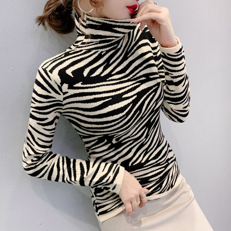 High Collar Spotted Maine Knit Undershirt Woman Spring Autumn 2021 New Foreign Pie hitch a slim sweater long sleeve