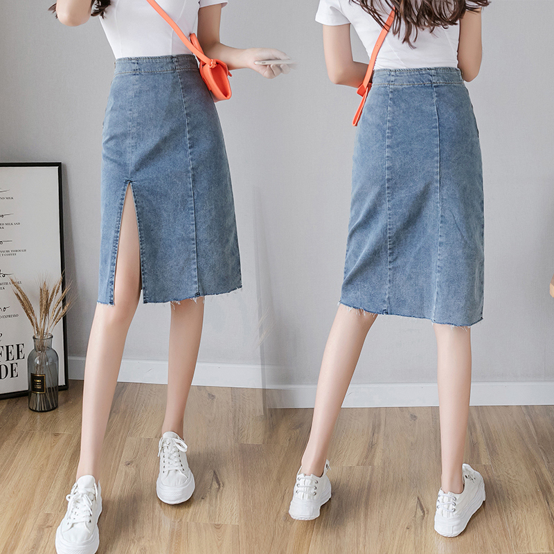 Irregular split denim skirt small high waist mid-length version a-line skirt bag hip one-step zipper skirt women's summer