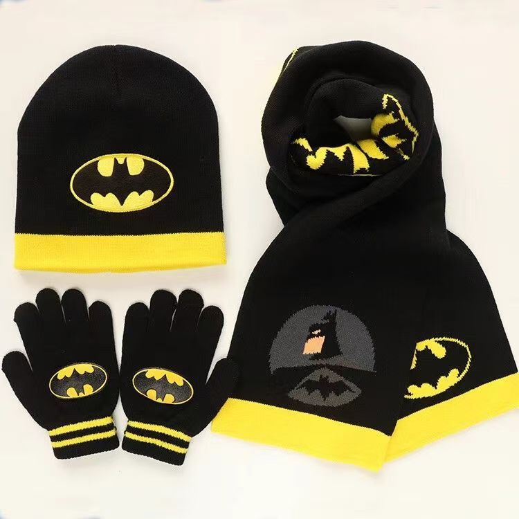 Children's Batman Knitted Hat, Gloves, Scarf, Autumn and Winter New Warm Set, Anime Cartoon Pullover Hat, Woolen Children's Batman Knitted Hat, Gloves, Scarf, Autumn and Winter New Warm Set, Anime Cartoon Pullover Hat, Woolen