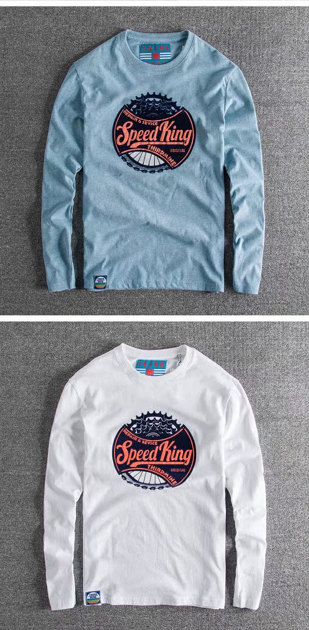Mùa thu và mùa đông nước Anh retro cá tính in bánh bông gòn thoải mái cổ tròn áo thun nam vải thun cotton